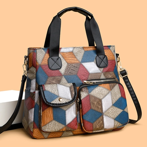 Women Handbag PU Leather Multicolor Geometric Cube Patchwork Large Capacity Multi Pocket Crossbody Shoulder Bag Retro