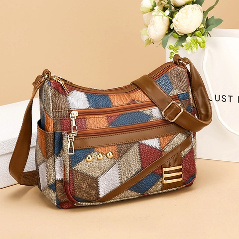 Borsa A Tracolla Donna Patchwork Pelle PU Tasche Multiple Con Cerniera Tracolla Regolabile Retro Casual Borsa Strutturata