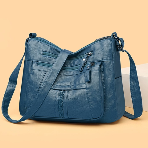 Women Crossbody Bag Soft PU Leather Multi Zipper Pockets Adjustable Strap Vintage Casual Shoulder Bag Large Capacity Mobile Phone Purse