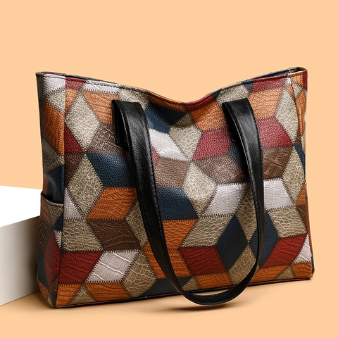 Borsa Tote Grande Pelle PU Patchwork Geometrico Multicolore Retro Casual Lavoro Borsa A Spalla Per Donne