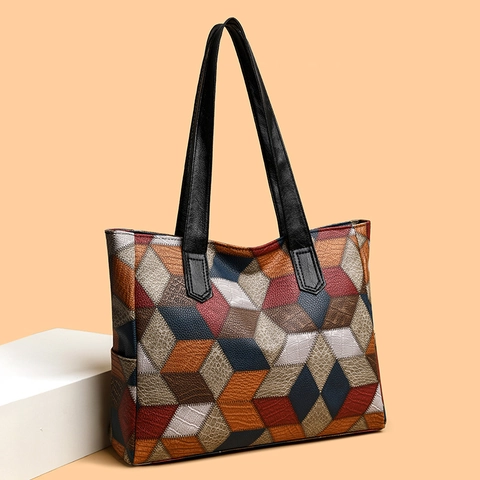 Borsa Tote Grande Pelle PU Patchwork Geometrico Multicolore Retro Casual Lavoro Borsa A Spalla Per Donne