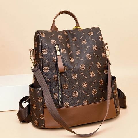 Zaino Moda Retro Donna Pelle PU Grande Capacità Stampa Vintage Impermeabile Viaggio Borsa A Tracolla Multifunzionale
