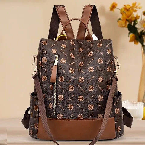Zaino Moda Retro Donna Pelle PU Grande Capacità Stampa Vintage Impermeabile Viaggio Borsa A Tracolla Multifunzionale