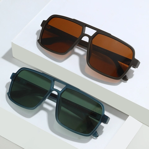 Retro Square Polarized Sunglasses For Men Double Bridge PC Frame TAC Lens UV400 Protection Driving Outdoor Eyewear