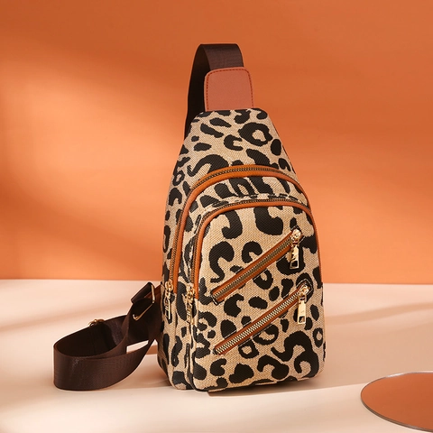Leopard Print PU Leather Sling Bag Multi Pocket Crossbody Chest Pack With Headphone Jack For Women