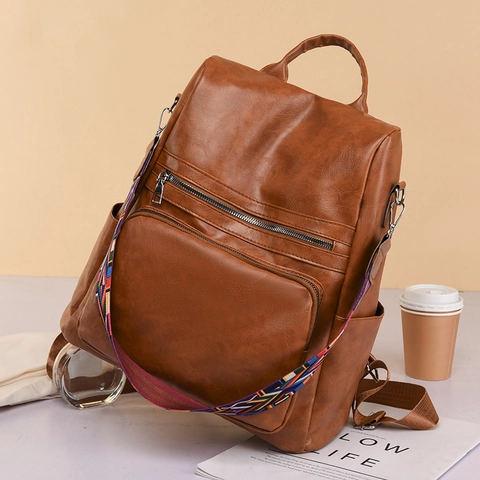Sac À Dos Femme Cuir PU Grande Capacité Antivol Voyage Décontracté Mode Avec Bandoulière Géométrique Colorée