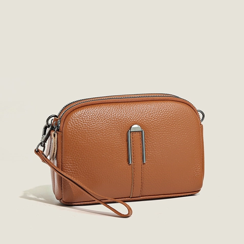 Genuine Leather Shoulder Crossbody Bag For Women First Layer Cowhide Lychee Pattern Double Zipper Small Square Purse