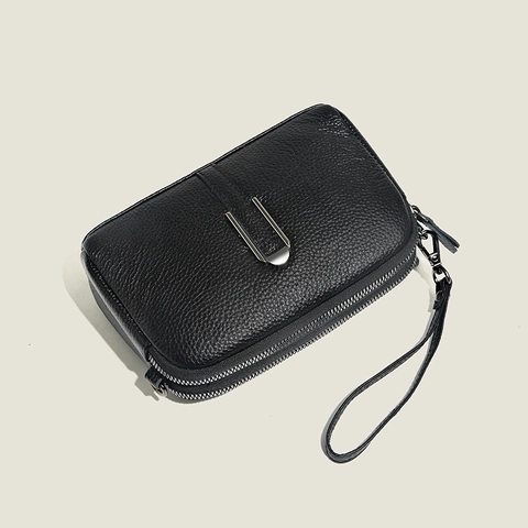 Genuine Leather Shoulder Crossbody Bag For Women First Layer Cowhide Lychee Pattern Double Zipper Small Square Purse