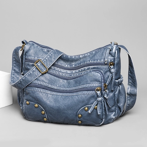 Women Crossbody Bag Washed PU Leather Multi Zipper Pocket Large Capacity Vintage Rivet Shoulder Bag For Daily Use