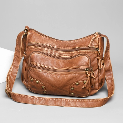 Women Crossbody Bag Washed PU Leather Multi Zipper Pocket Large Capacity Vintage Rivet Shoulder Bag For Daily Use