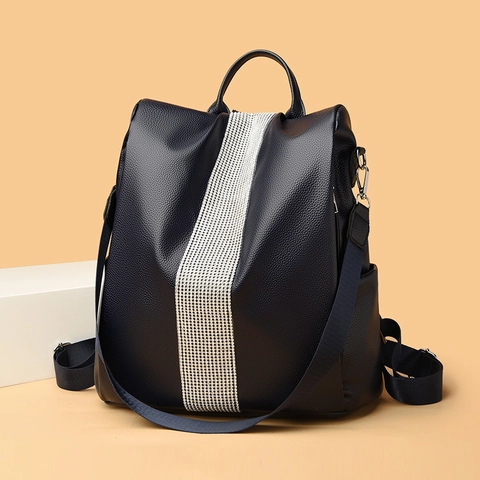 Women PU Leather Fashion Backpack Large Capacity Rhinestone Commuter Travel Bag Litchi Grain Texture Adjustable Shoulder Bag