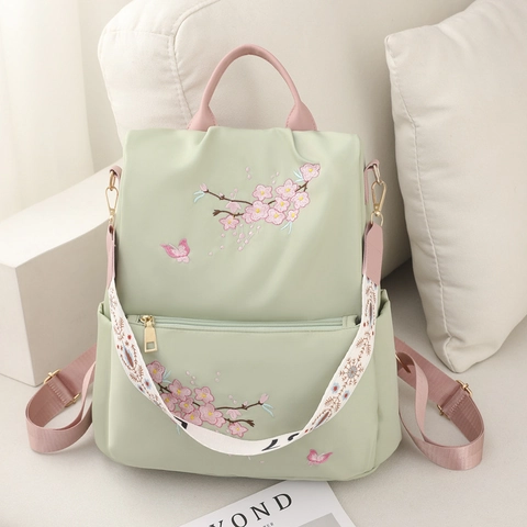 Zaino Donna Nylon Impermeabile Ricamo Fiori Ciliegio Farfalla Borsa Viaggio Scuola Stile Etnico Elegante