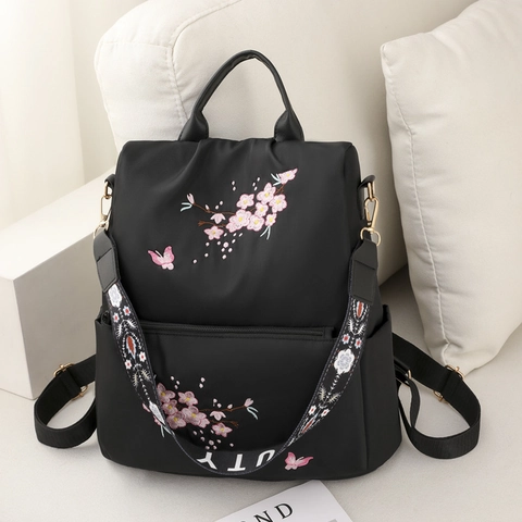 Zaino Donna Nylon Impermeabile Ricamo Fiori Ciliegio Farfalla Borsa Viaggio Scuola Stile Etnico Elegante