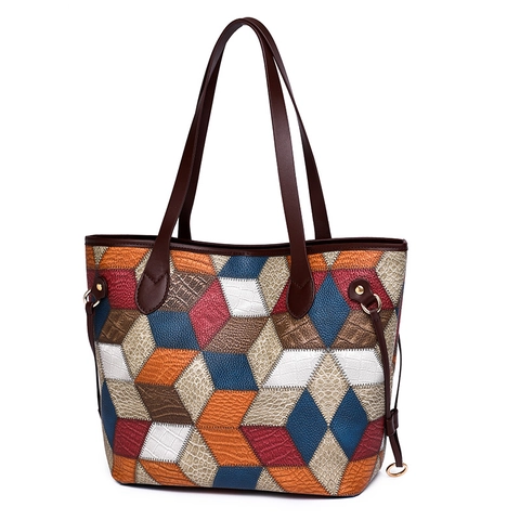 Damen Patchwork Tote Tasche Und Beutel Große Kapazität PU Leder Geometrische Schultertasche Krokodil Prägung Mode Handtasche