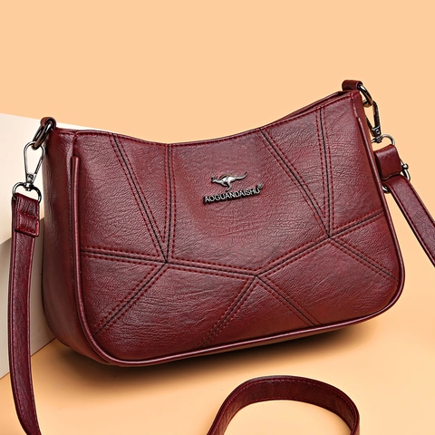 Women Fashion Soft Cowhide Shoulder Bag Large Capacity Crossbody Bag Geometric Stitching Elegant Messenger Bag Kangaroo Logo