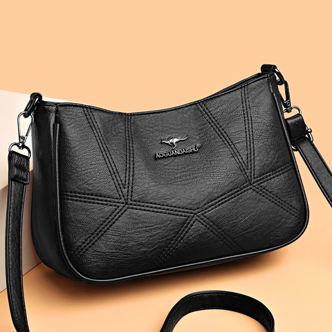 Women Fashion Soft Cowhide Shoulder Bag Large Capacity Crossbody Bag Geometric Stitching Elegant Messenger Bag Kangaroo Logo