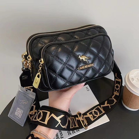 Bolso Bandolera Acolchado Para Mujer Capas Múltiples Triple Cremallera Cuero PU Con Correa Ancha
