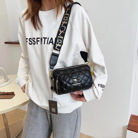 Bolso Bandolera Acolchado Para Mujer Capas Múltiples Triple Cremallera Cuero PU Con Correa Ancha