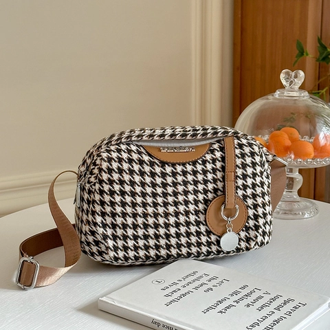 Houndstooth Crossbody Tas Voor Dames Grote Capaciteit Multi Layer Canvas En PU Leer Schoudertas Retro Casual Stijl