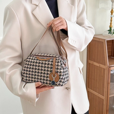 Houndstooth Crossbody Tas Voor Dames Grote Capaciteit Multi Layer Canvas En PU Leer Schoudertas Retro Casual Stijl
