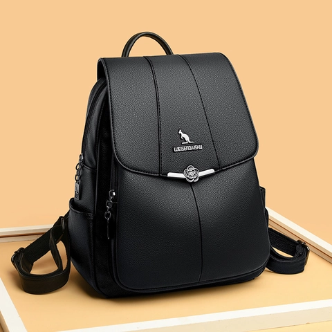 Mochila De Moda Para Mujer Cuero PU Patrón Litchi Retro Casual Bolso De Viaje Con Hebilla De Flor Multibolsillo Impermeable