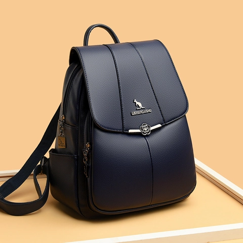 Mochila De Moda Para Mujer Cuero PU Patrón Litchi Retro Casual Bolso De Viaje Con Hebilla De Flor Multibolsillo Impermeable