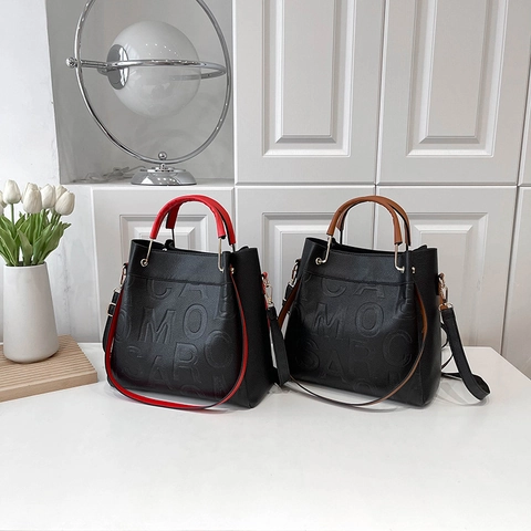 Grande Borsa Tote Da Donna Pelle PU Grana Litchi Lettere Rilievo Manico Contrasto Borsa A Mano Tracolla Moda