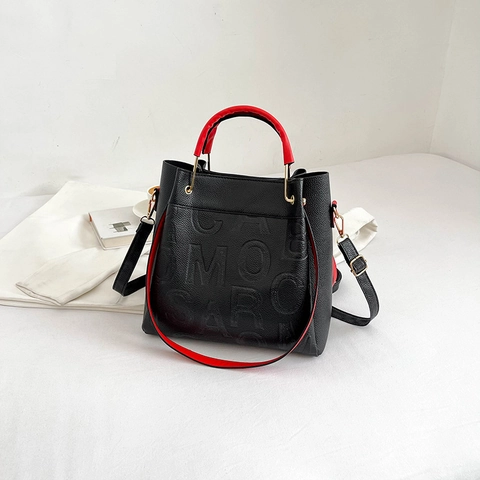 Grande Borsa Tote Da Donna Pelle PU Grana Litchi Lettere Rilievo Manico Contrasto Borsa A Mano Tracolla Moda
