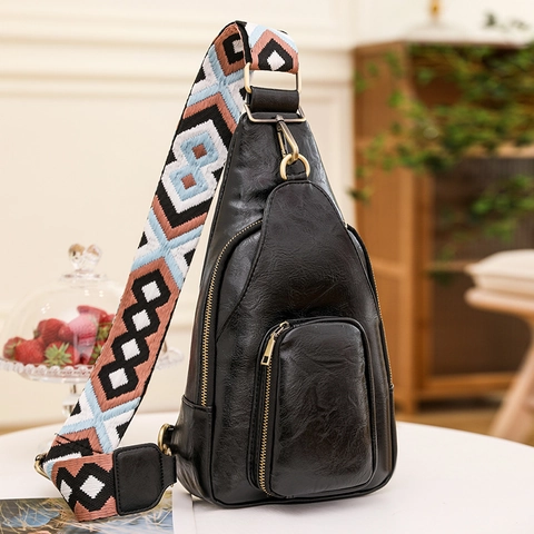 Borsa Da Petto Da Donna Pelle PU Vintage Borsa A Tracolla Con Ampia Tracolla Geometrica Doppia Cerniera