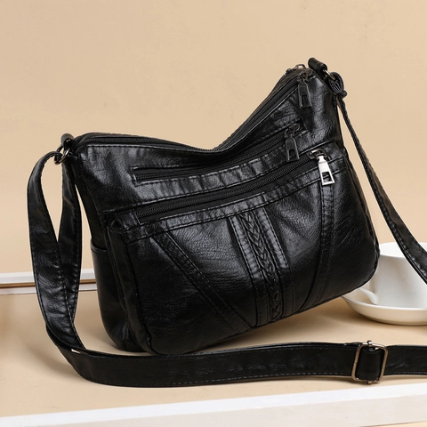 Damen Umhängetasche Aus Weichem PU-Leder Große Kapazität Multi Reißverschluss Schultertasche Vintage Casual Alltag