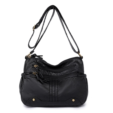 Women Vintage Washed PU Leather Crossbody Bag Large Capacity Multi Zipper Shoulder Bag For Daily Use Retro Fashion Handbag