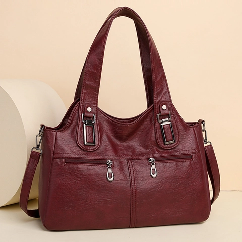 Damen Große Kapazität PU Leder Shopper Mode Handtasche Umhängetasche Mit Vielen Taschen Und Verstellbarem Riemen
