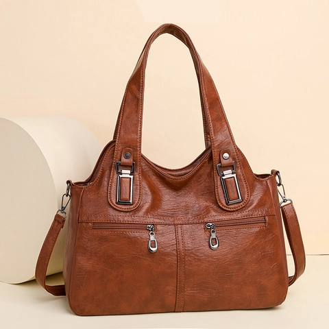 Damen Große Kapazität PU Leder Shopper Mode Handtasche Umhängetasche Mit Vielen Taschen Und Verstellbarem Riemen