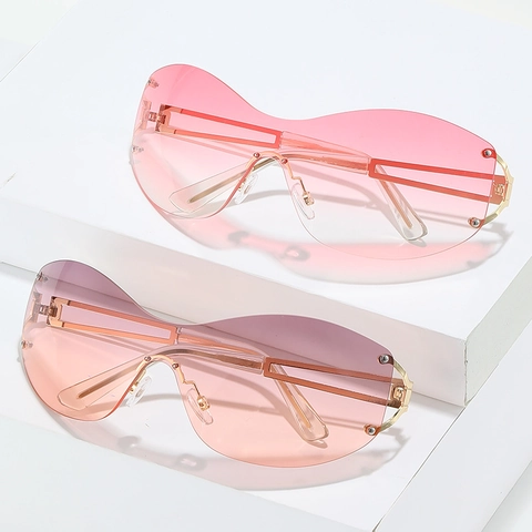 Y2K Rimless One-Piece Sunglasses Metal Hollow Temple UV400 Oversized Shield Glasses For Women Men Party