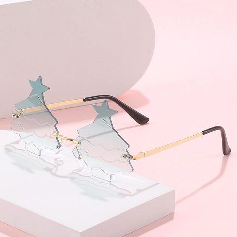 Lunettes De Soleil Sans Monture En Forme De Sapin De Noël Monture Métallique Verres Dégradés PC Fête Femmes