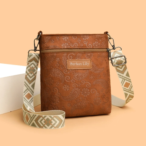 Embossed PU Leather Crossbody Bag Vintage Paisley Pattern Shoulder Purse With Wide Geometric Woven Strap For Women