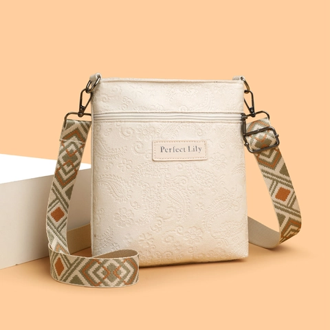 Embossed PU Leather Crossbody Bag Vintage Paisley Pattern Shoulder Purse With Wide Geometric Woven Strap For Women