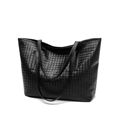 Women Tote Bag Woven PU Leather Large Capacity Solid Color Casual Shoulder Handbag Fashion Soft Simple Commute Travel