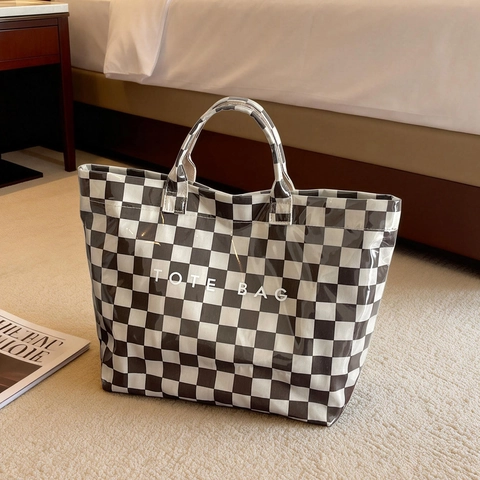 Bolso Tote De Cuadros Gran Capacidad PVC Bolso De Mano Impermeable Casual Bolso De Compras Para Mujer