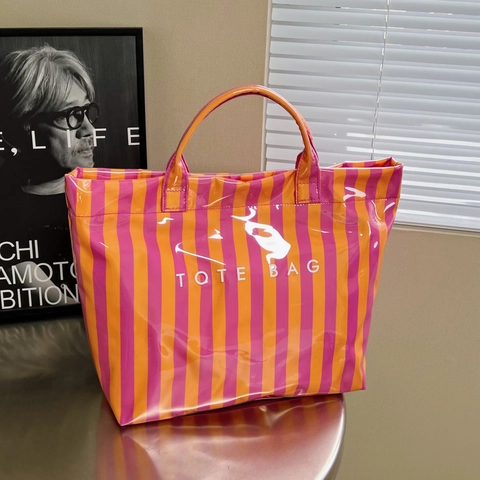 Stripe Tote Bag Glossy PVC Waterproof Large Capacity Portable Handbag For Women Daily Travel Shopping Modern Fashion