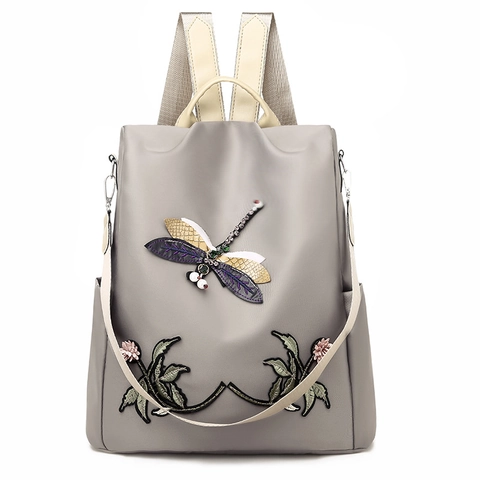 Zaino Moda Donna Tessuto Oxford Ricamo 3D Libellula Fiore Antifurto Grande Capacità Borsa Da Viaggio