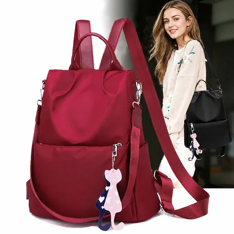 Women Oxford Cloth Backpack Waterproof Anti-Theft Large Capacity Travel Bag With Cat Pendant Fashion Casual Rucksack