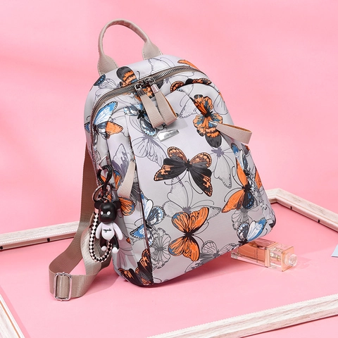 Fashion Backpack For Women Oxford Cloth Waterproof Printed Patterns Casual Travel Rucksack With Bear Pendant Charm