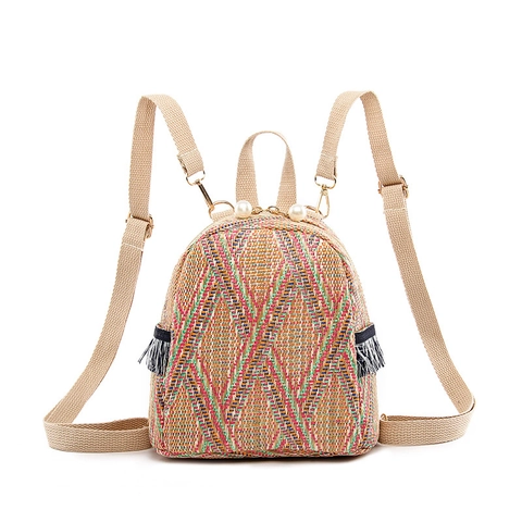 Mini Zaino In Paglia Intrecciata Motivo Geometrico Decorazione Di Künstliche Perle Nappa Viaggio Estivo Stile Bohemien Etnico Da Donna