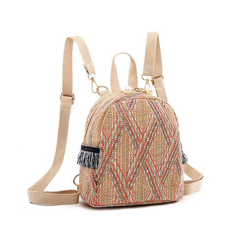 Mini Zaino In Paglia Intrecciata Motivo Geometrico Decorazione Di Künstliche Perle Nappa Viaggio Estivo Stile Bohemien Etnico Da Donna