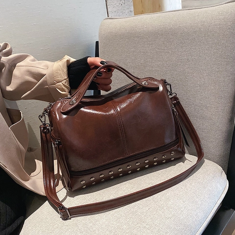 Retro Boston Handtasche PU Leder Nieten Dekor Große Kapazität Schulter Umhängetasche Damen Urbaner Stil Mehrere Taschen