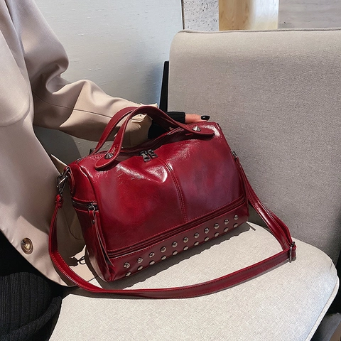 Retro Boston Handtasche PU Leder Nieten Dekor Große Kapazität Schulter Umhängetasche Damen Urbaner Stil Mehrere Taschen