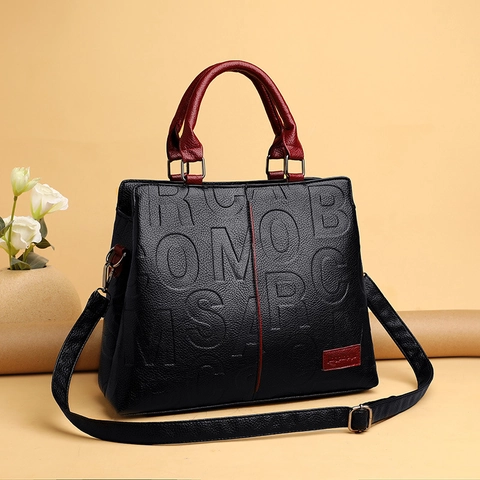 Borsa A Mano Da Donna Con Goffratura Lettere E Rose Pelle PU Motivo Litchi Grande Capacità Tracolla