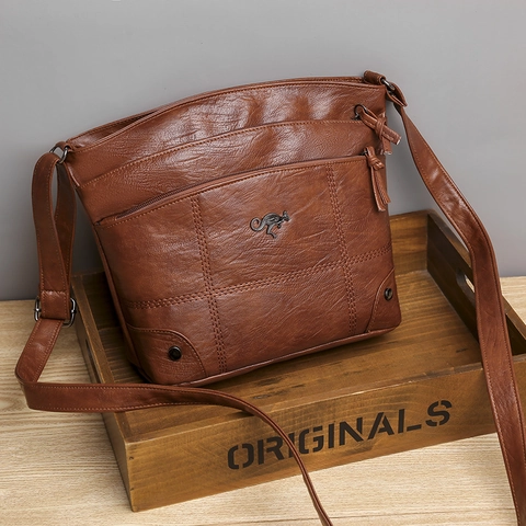 Retro Zachte PU Leren Schoudertas Litchi Patroon Meerdere Ritszakken Grote Capaciteit Crossbody Handtas Voor Dames