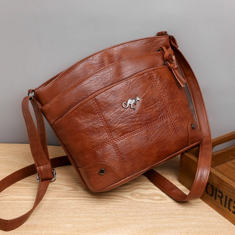 Retro Zachte PU Leren Schoudertas Litchi Patroon Meerdere Ritszakken Grote Capaciteit Crossbody Handtas Voor Dames